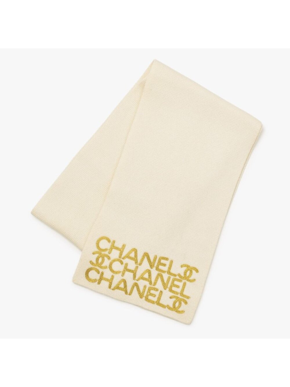 Chanel Logo Embroidery CC Scarf Tobi Quilted Pattern Wool Cashmere Ivory Gold